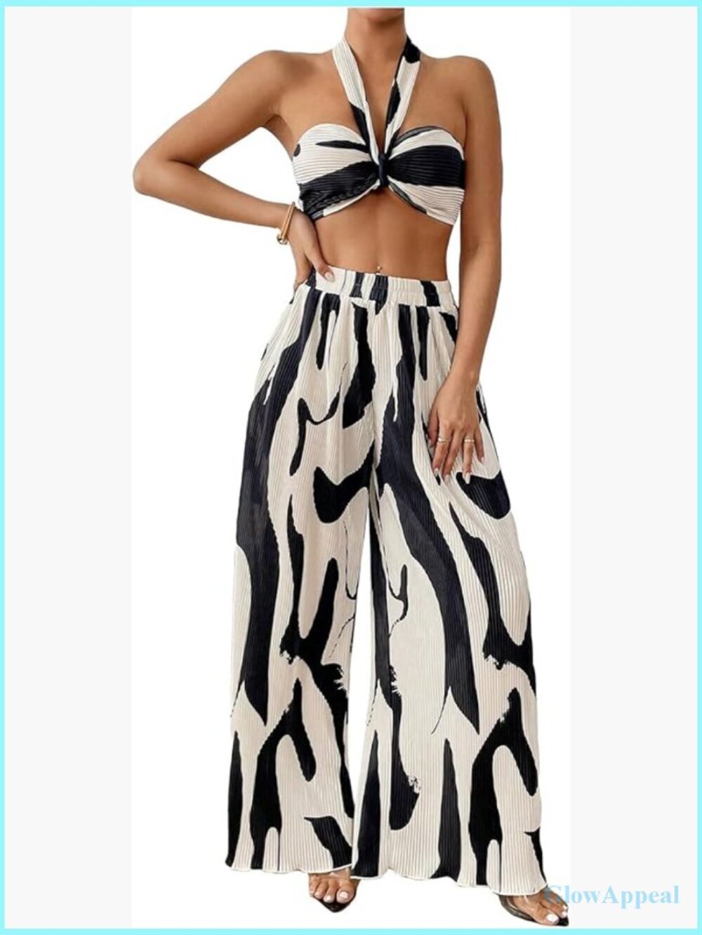 Graphic Print Crop Halter Top & Wide Leg Pants Set
